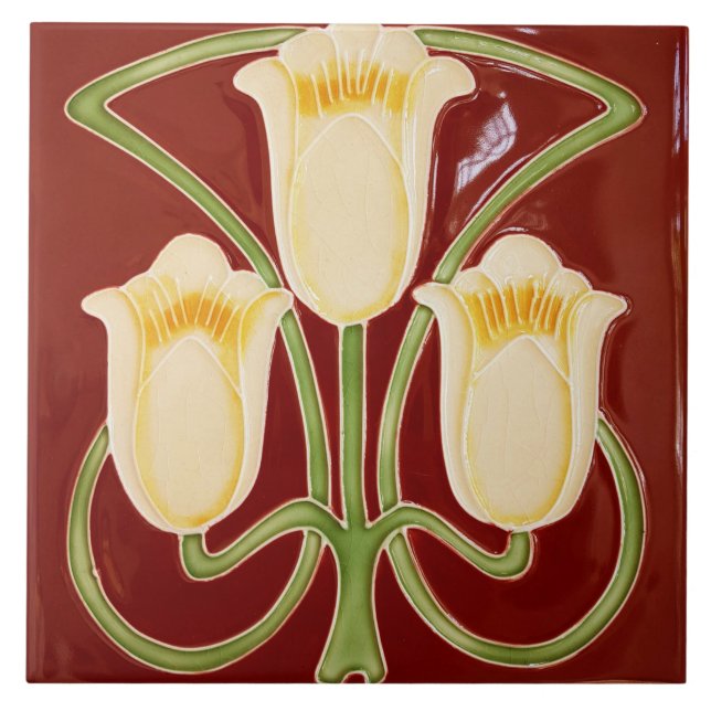 Repro Edwardian Art Nouveau Red Tulip Floral Tile (Front)