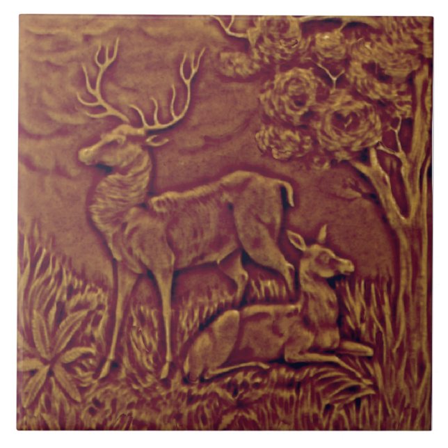 Repro Faux Relief Molded Antique Deer Doe Stag Ceramic Tile (Front)