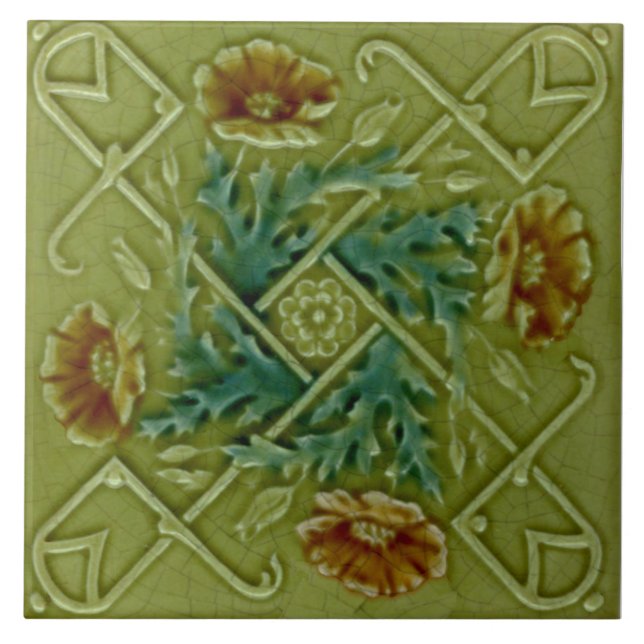 Repro Faux Relief Molded Floral Trellis Majolica Ceramic Tile (Front)