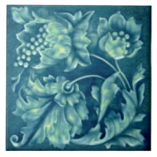 Repro Faux Relief Peacock Aqua Majolica Floral Ceramic Tile