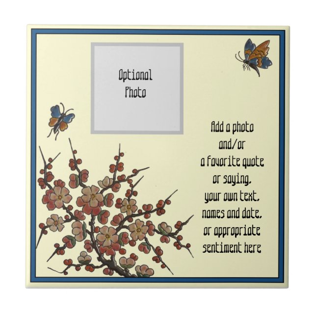 Repro French Longwy Cherry Blossoms Butterflies Ceramic Tile (Front)