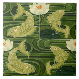 Repro German Art Nouveau Jugendstil Pond Fish Ceramic Tile