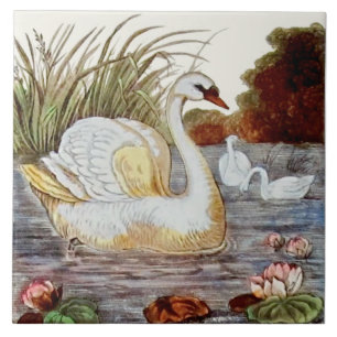 Repro hand-coloured Victorian Swan Transferware Ceramic Tile