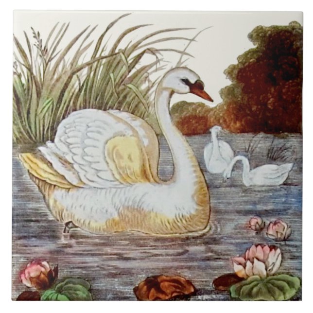 Repro hand-coloured Victorian Swan Transferware Ceramic Tile (Front)