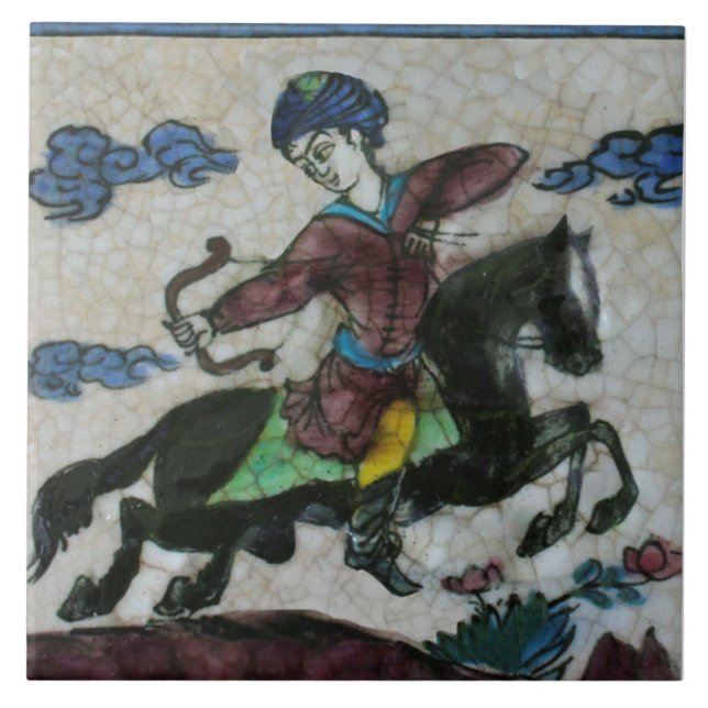 Repro Handpainted Antique Persian Horseman Ceramic Tile (Front)