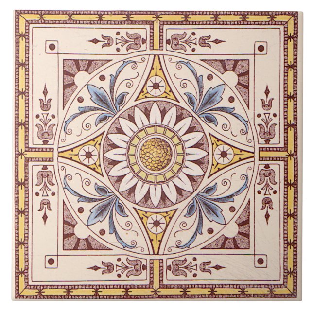 Repro Intricate Victorian Sunflower Transferware Ceramic Tile (Front)