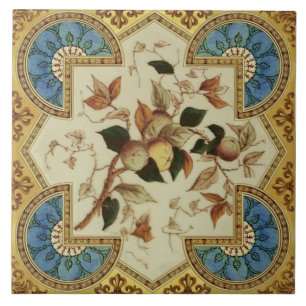 Repro Late Victorian Transferware Blue Gold Fruit Ceramic Tile