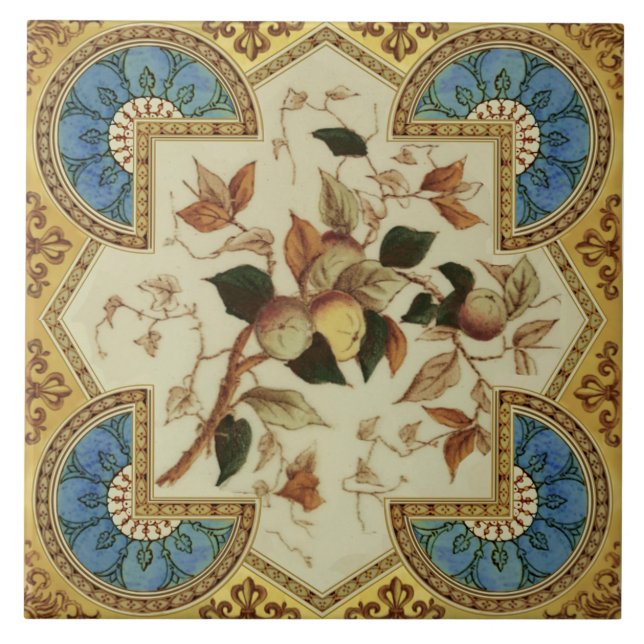 Repro Late Victorian Transferware Blue Gold Fruit Ceramic Tile (Front)