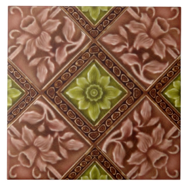 Repro Malkin Floral Daffodils Geometric Majolica Ceramic Tile (Front)