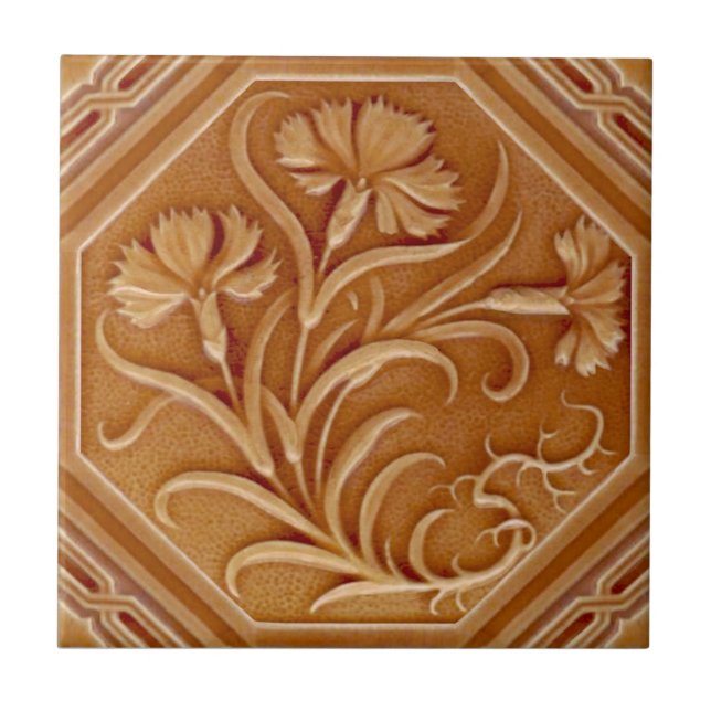 Repro Minton 1880 Carnation Art Nouveau Majolica Ceramic Tile (Front)