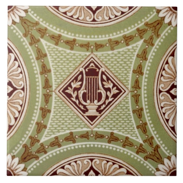 Repro Minton 1882 Neoclassical Lyre Green Print Ceramic Tile (Front)
