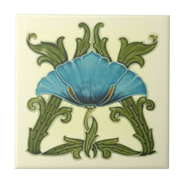 Repro Minton Art Nouveau Ceramic Blue Floral Tile (Front)