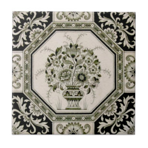 Repro Minton Black & Cream Aesthetic Floral Print Ceramic Tile