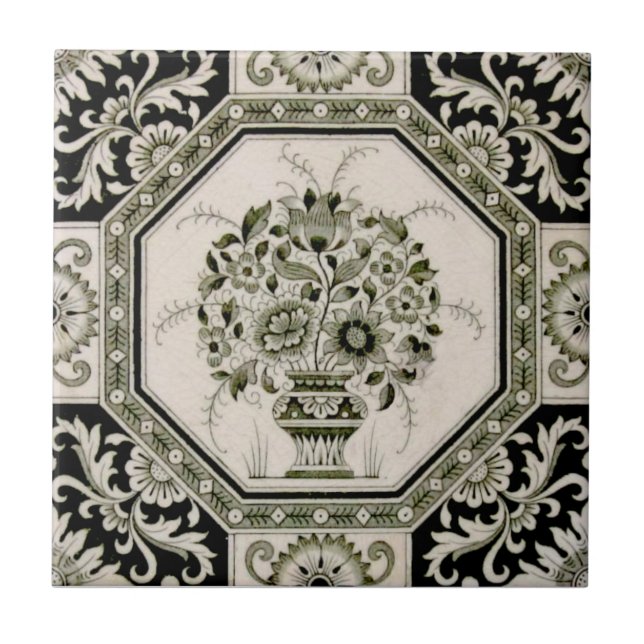 Repro Minton Black & Cream Aesthetic Floral Print Ceramic Tile (Front)