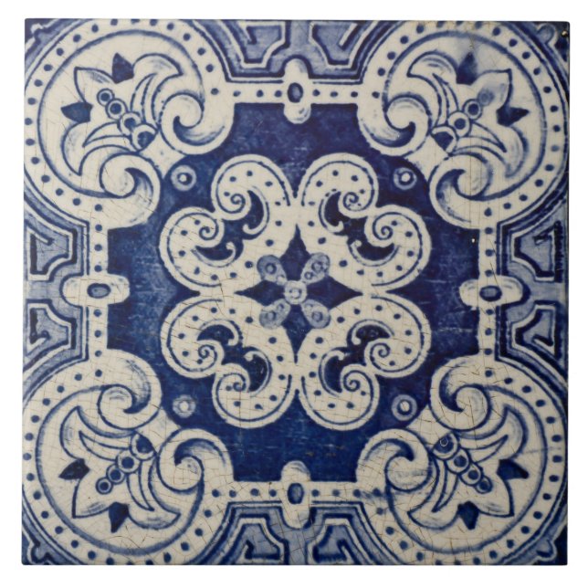 Repro Portuguese Blue Geometric Azulejos Floral  Ceramic Tile (Front)