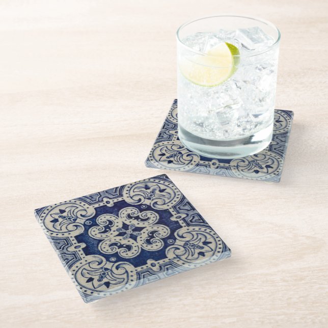 Repro Portuguese Blue Geometric Azulejos Floral Glass Coaster (Angled)