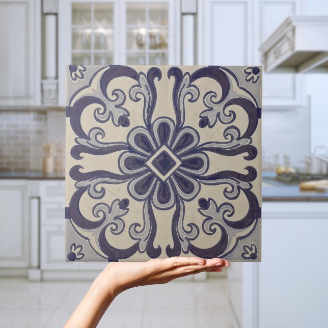 Repro Portuguese Blue Geometric Azulejos Floral Ti Ceramic Tile (Portuguese Blue Geometric Azulejos Floral Tile
)