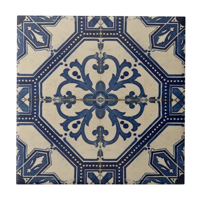 Repro Portuguese Blue Geometric Azulejos Tile (Front)