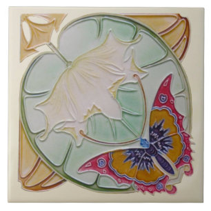 Repro Rare Belgian Art Nouveau Butterfly Floral Ceramic Tile