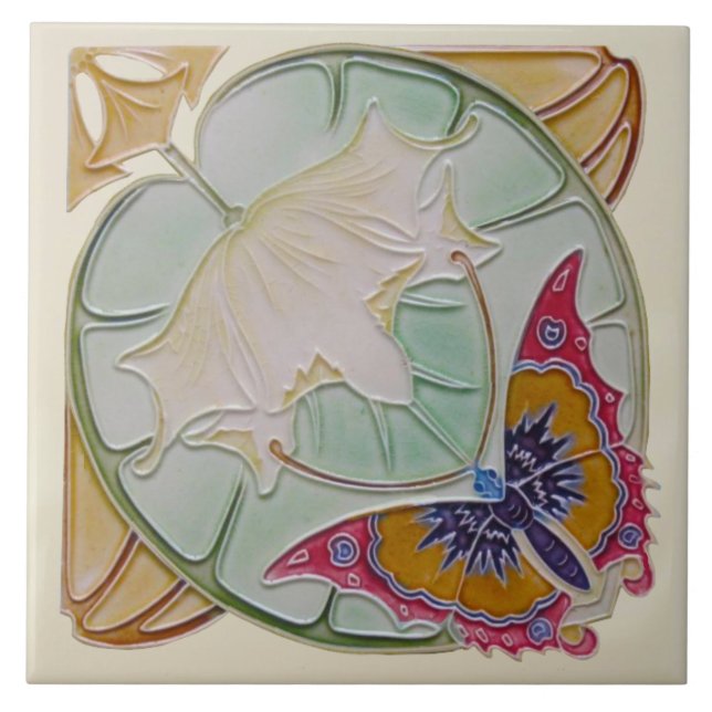 Repro Rare Belgian Art Nouveau Butterfly Floral Ceramic Tile (Front)