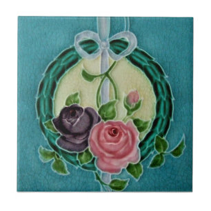 Repro Richards Victorian Roses Wreath Majolica Ceramic Tile