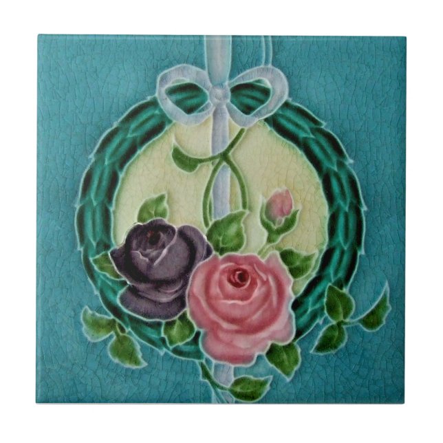 Repro Richards Victorian Roses Wreath Majolica Ceramic Tile (Front)
