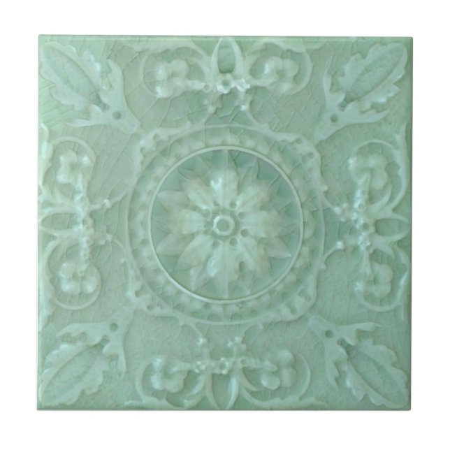 Repro Seafoam Symmetrical Faux Relief Majolica Ceramic Tile (Front)