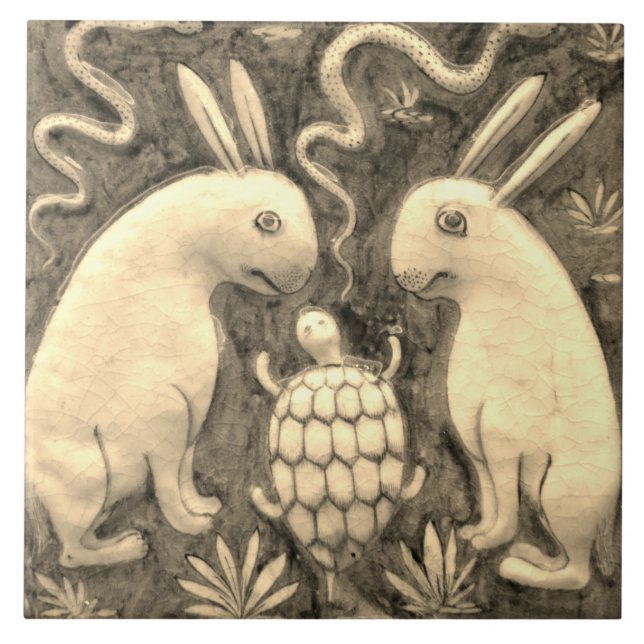 Repro Spanish Animal Rabbit Tortoise Sepia Tile (Front)