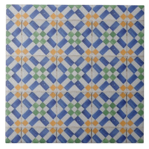 Repro Spanish Geometric Azulejos Blue Yellow Ceramic Tile