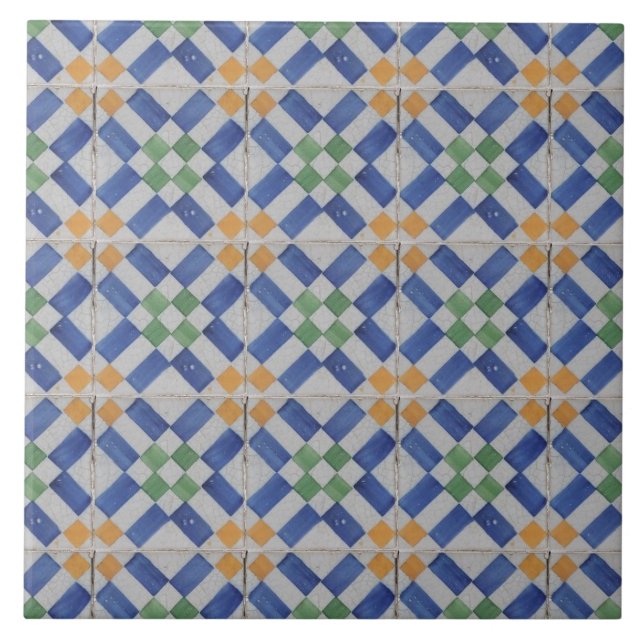 Repro Spanish Geometric Azulejos Blue Yellow Ceramic Tile (Front)
