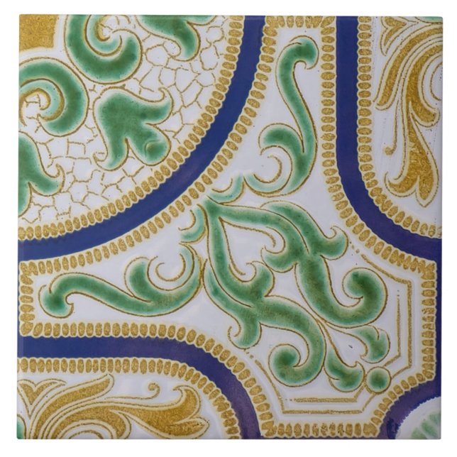 Repro Spanish Geometric Azulejos Blue Yellow Tile (Front)