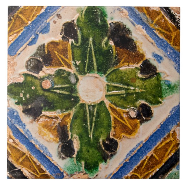 Repro Spanish Geometric Azulejos Green Blue Tile (Front)