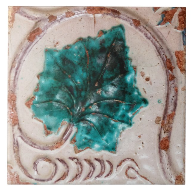 Repro Spanish Geometric Azulejos Green Leaf Floral Ceramic Tile (Front)