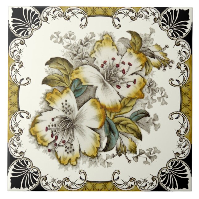 Repro Stunning Victorian Black White Gold Floral Ceramic Tile (Front)
