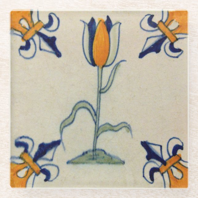 Repro Traditional Yellow Tulip Delft Tile Glass Coaster (Front)
