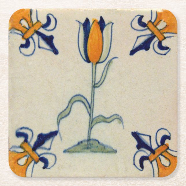 Repro Traditional Yellow Tulip Delft Tile Square Paper Coaster (Front)