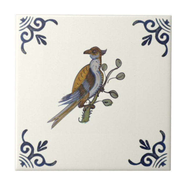 Repro Unusual Antique Handpainted Bird on Branch Ceramic Tile (Front)