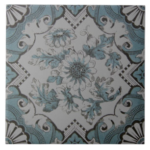 Repro Victorian Aqua Blue Floral Transferware Ceramic Tile