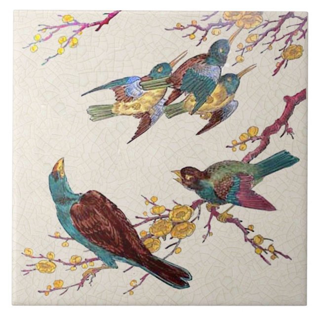 Repro VIctorian Birds & Blossoms Hand Coloured Ceramic Tile (Front)