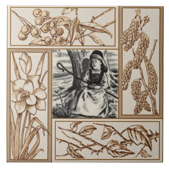 Repro VIctorian Bo Peep Nursery Rhyme Transferware Ceramic Tile (Front)