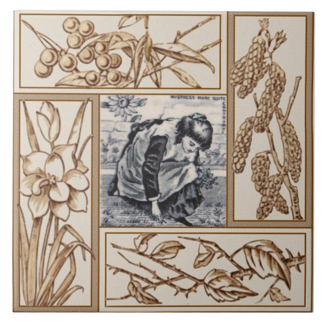 Repro VIctorian "Contrary Mary" Nursery Rhyme Ceramic Tile (Front)