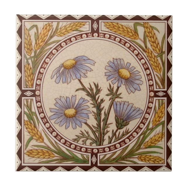 Repro Victorian Gold Wheat Cornflower Blue Floral Ceramic Tile (Front)