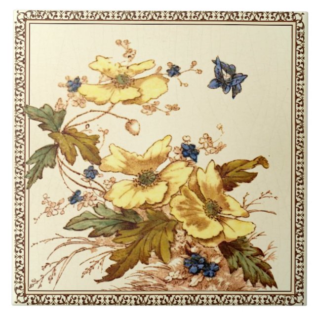 Repro Victorian Malkin Butterflies & Anemones Ceramic Tile (Front)