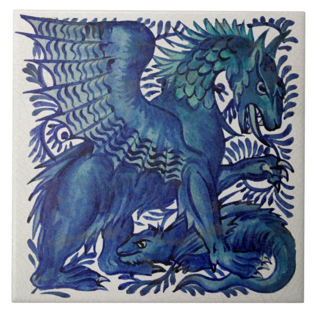 Repro Wm De Morgan Blue Mother Child Dragons Ceramic Tile (Front)