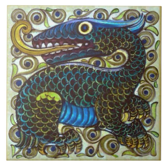 Repro Wm De Morgan Colorful Fun Dragon Ceramic Tile (Front)