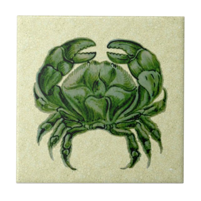Repro Wm De Morgan Hand Painted Green Crab Ceramic Tile (Front)