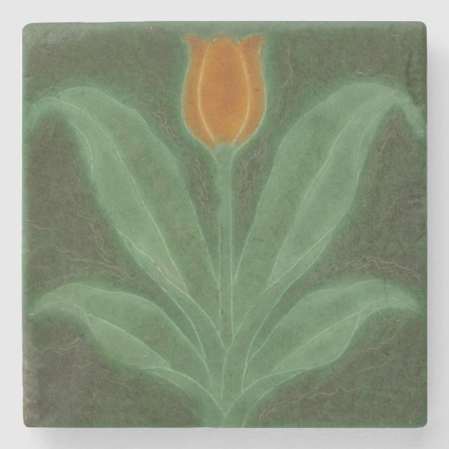 Repro Yellow Green Tulip Art Nouveau Tile Stone Coaster (Front)