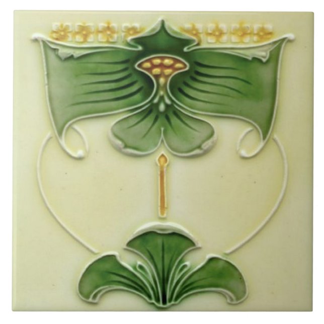 Reproduction 1900 Art Nouveau Majolica Floral Ceramic Tile (Front)