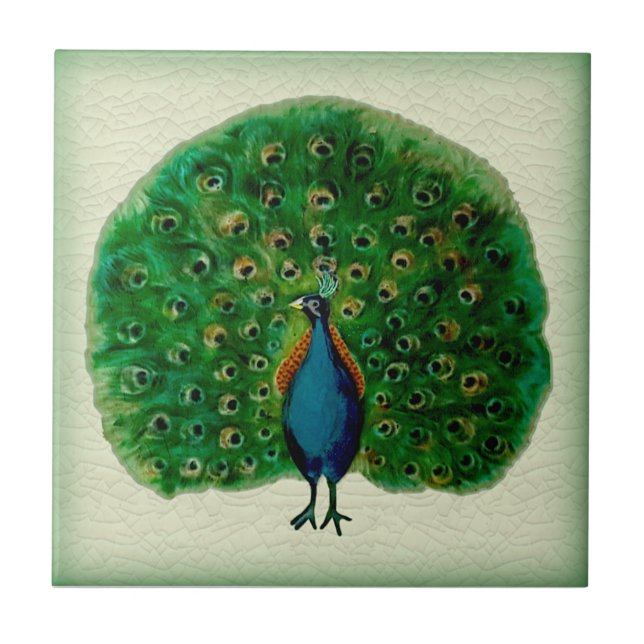 Reproduction Antique Majolica Peacock Ceramic Tile (Front)