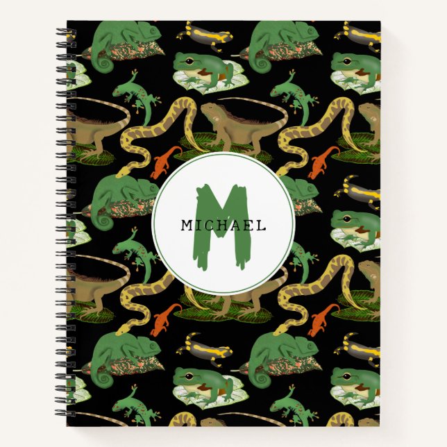 Reptile, Lizards & Amphibians Kids Monogram Notebook (Front)